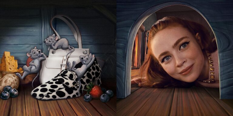 Model framed by an illustrated doorway beside Prada handbags and animated mice in the Holiday 2026 campaign