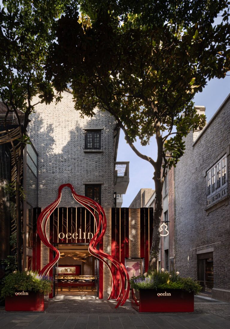 Qeelin House Shanghai Xintiandi entrance framed by a red Wulu-inspired installation
