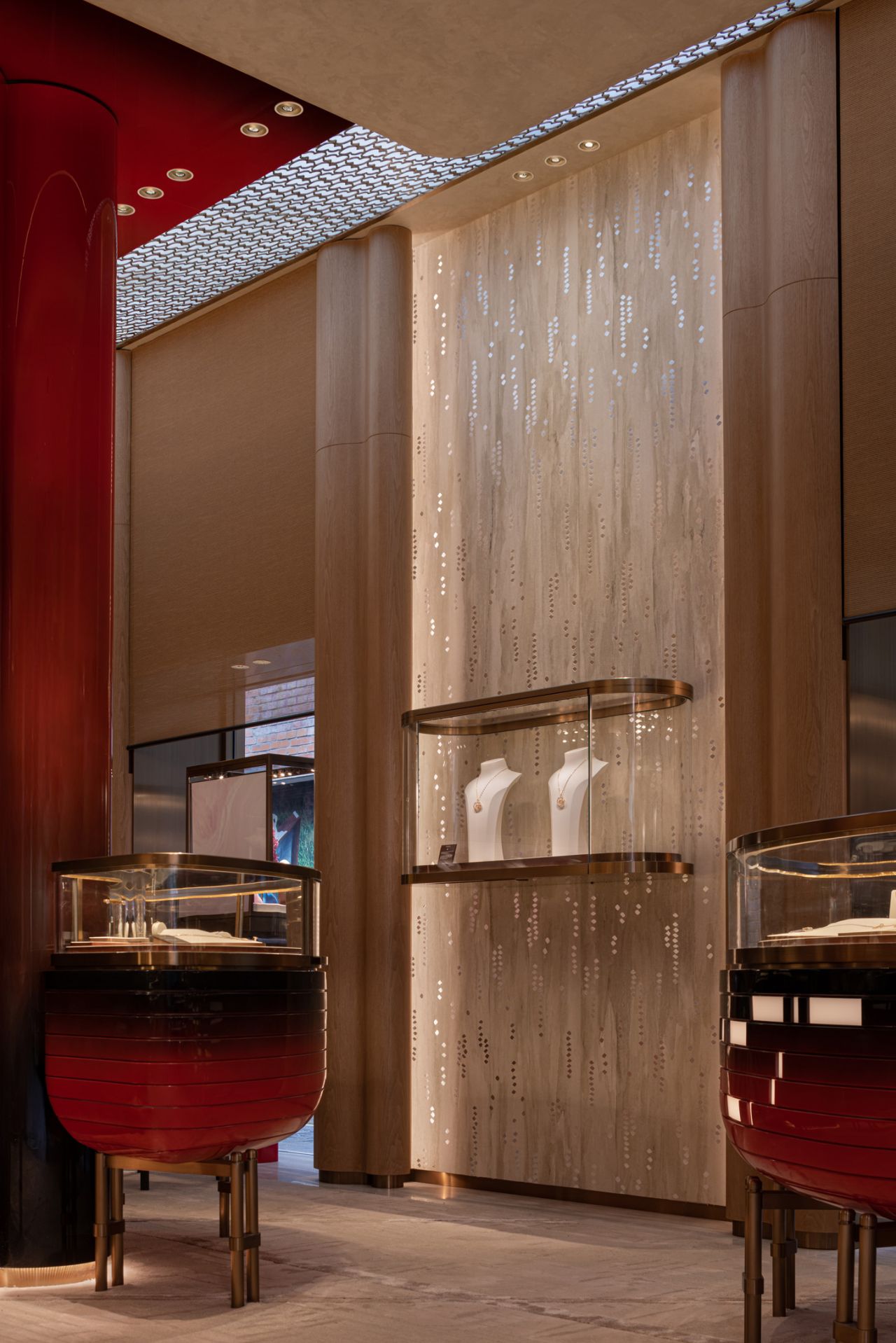 Textured wall and necklace display inside Qeelin House Shanghai Xintiandi