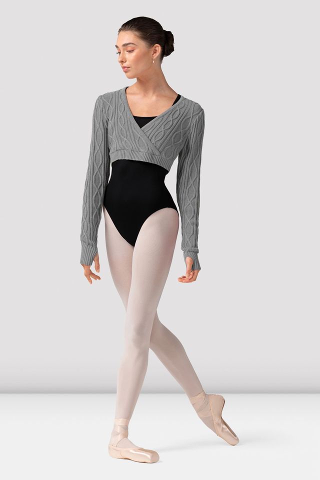 Bloch grey wrap cardigan layered over black dancewear