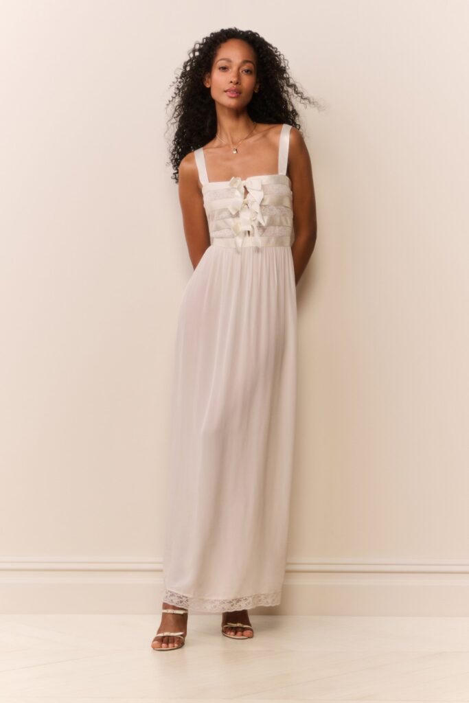 LoveShackFancy cream Lovelace dress with lace panels and bow detailing