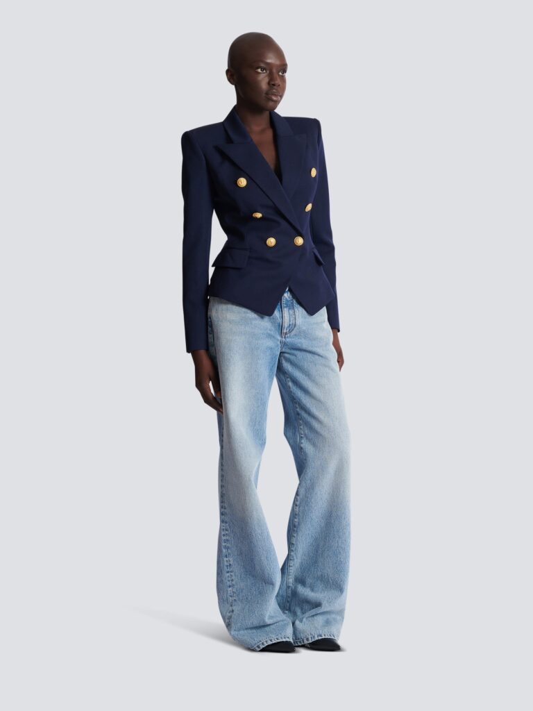 Balmain navy fitted six-button wool jacket with gold-tone buttons