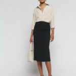 Reformation striped fitted shirt styled with a black Sienna pencil skirt