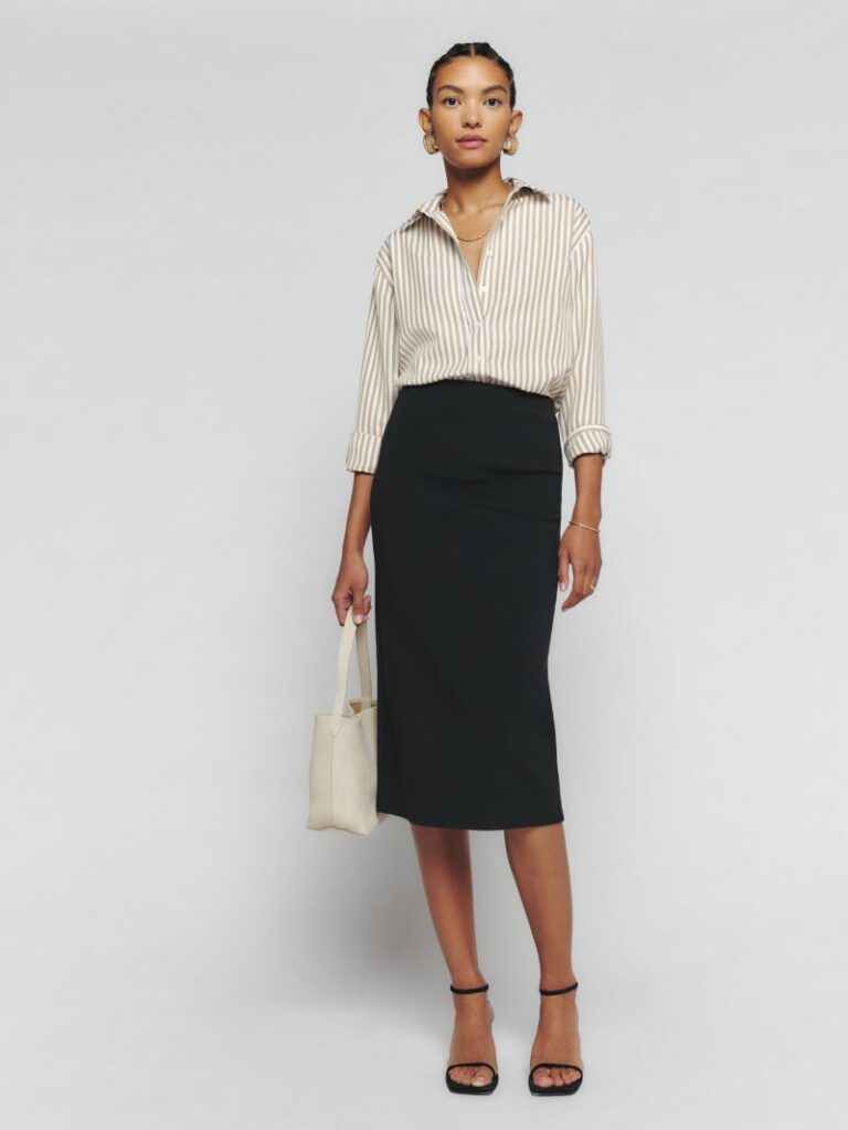 Reformation striped fitted shirt styled with a black Sienna pencil skirt