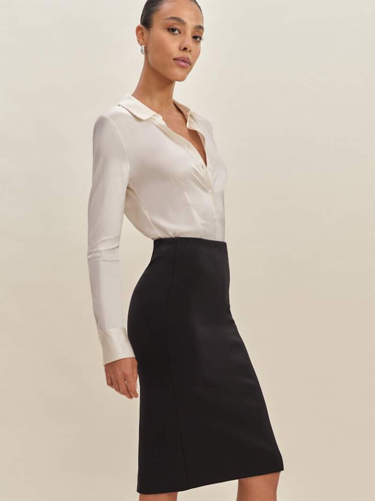 Reformation black Maison knit skirt in a fitted outfit