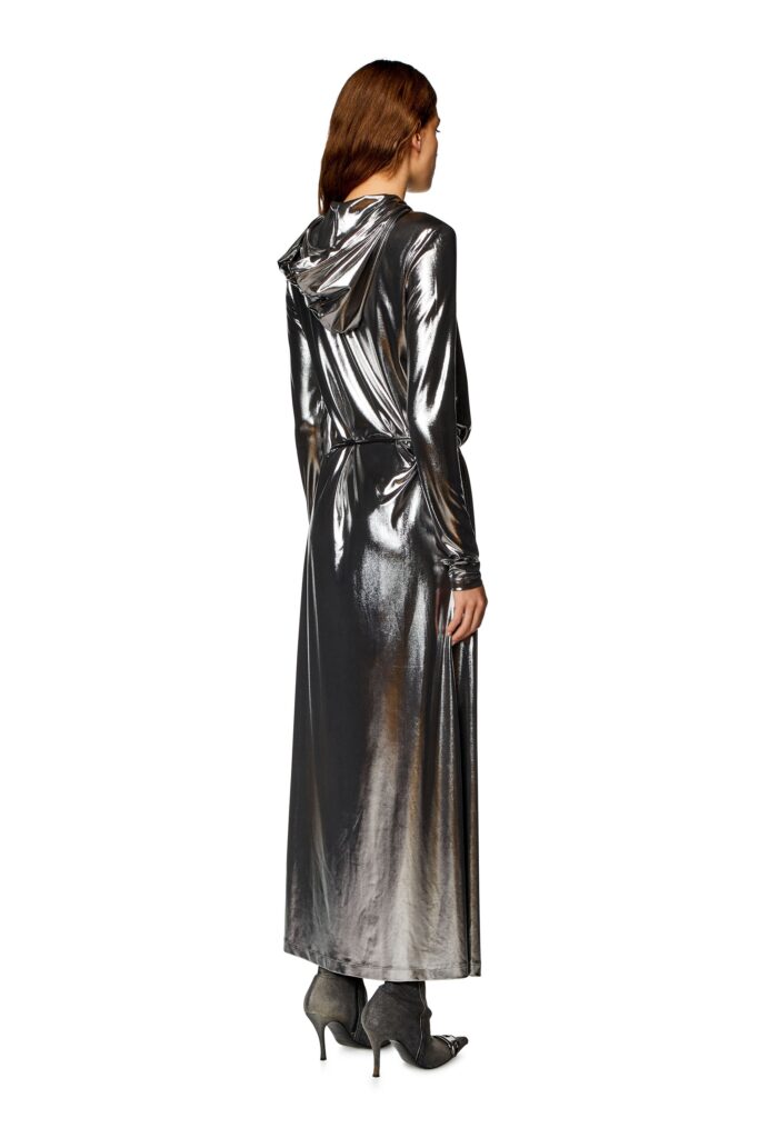 Diesel silver hooded maxi dress in metallic jersey