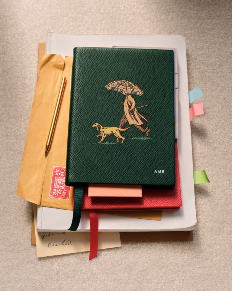 Illustrated green notebook from the Burberry and Smythson collaboration.