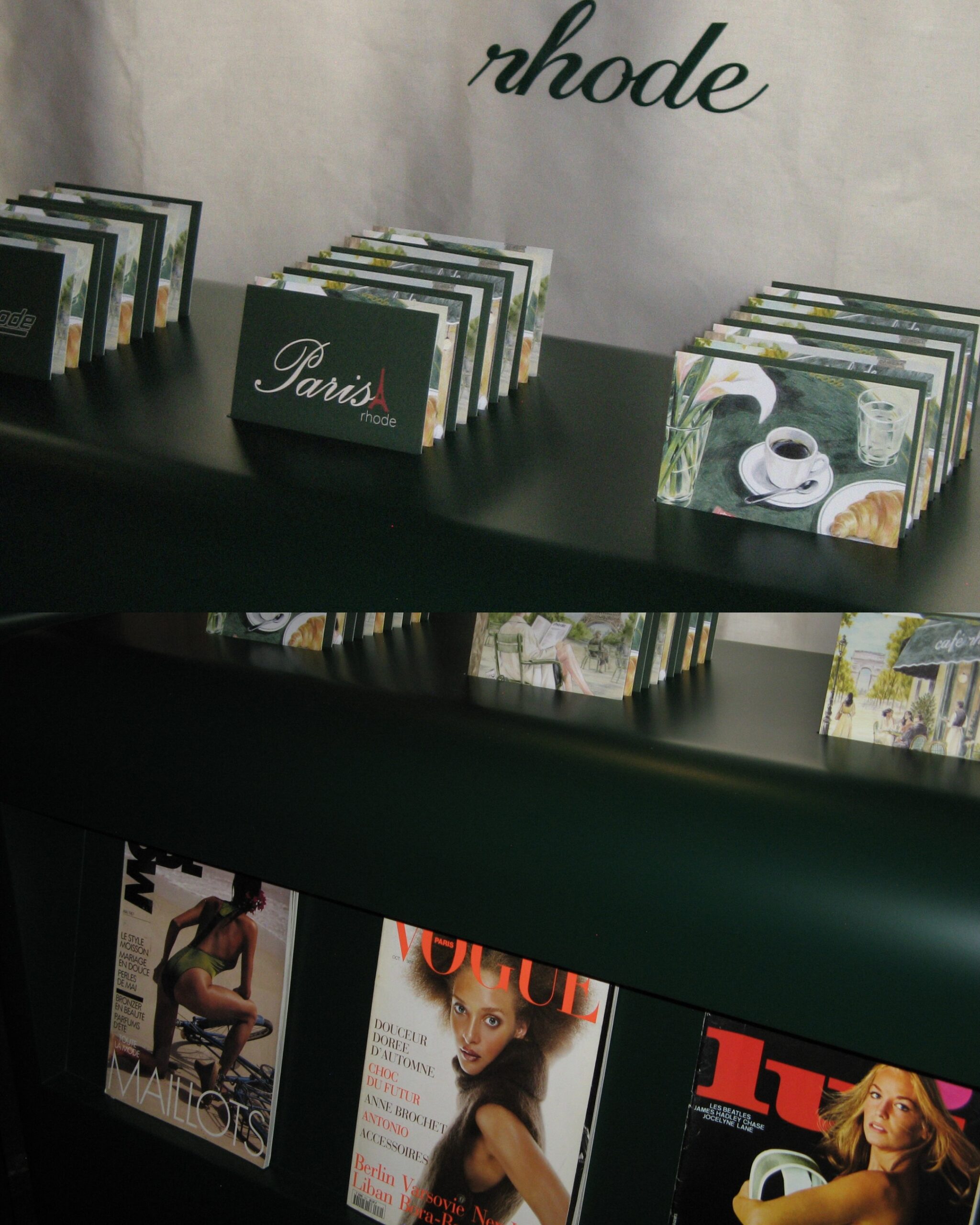 Rhode café postcards and fashion magazines inside the Paris activation