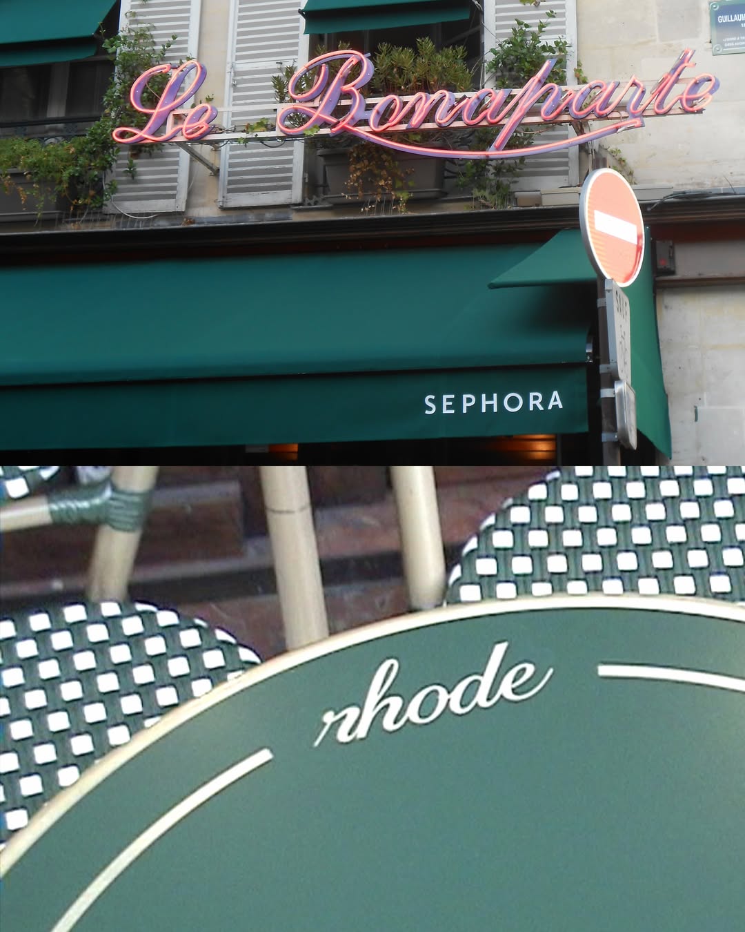 Le Bonaparte exterior and rhode-branded café seating for the Paris activation