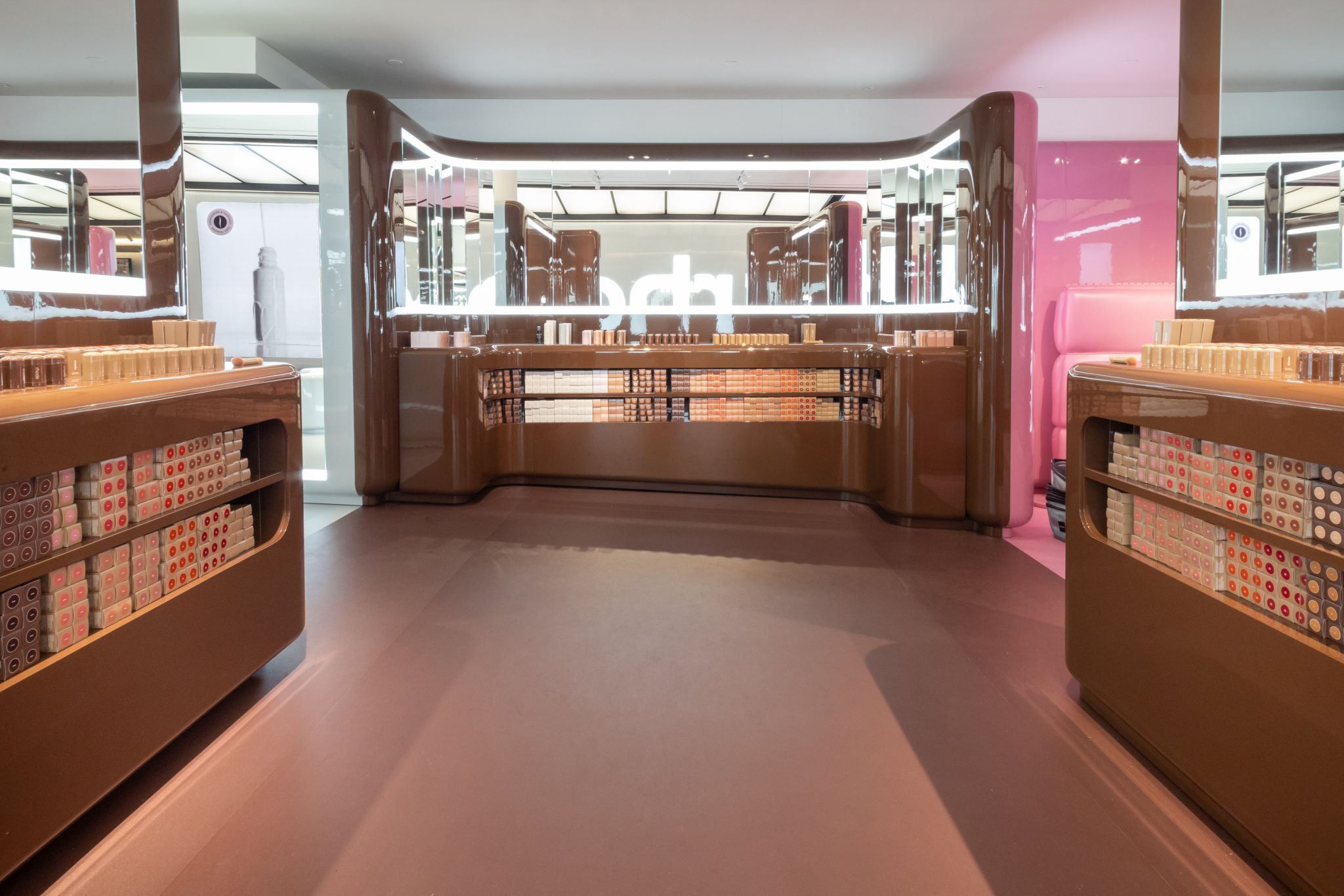 Rhode product shelves within the Paris installation