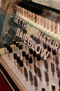Saie makeup products displayed inside the Chip Shop pop-up