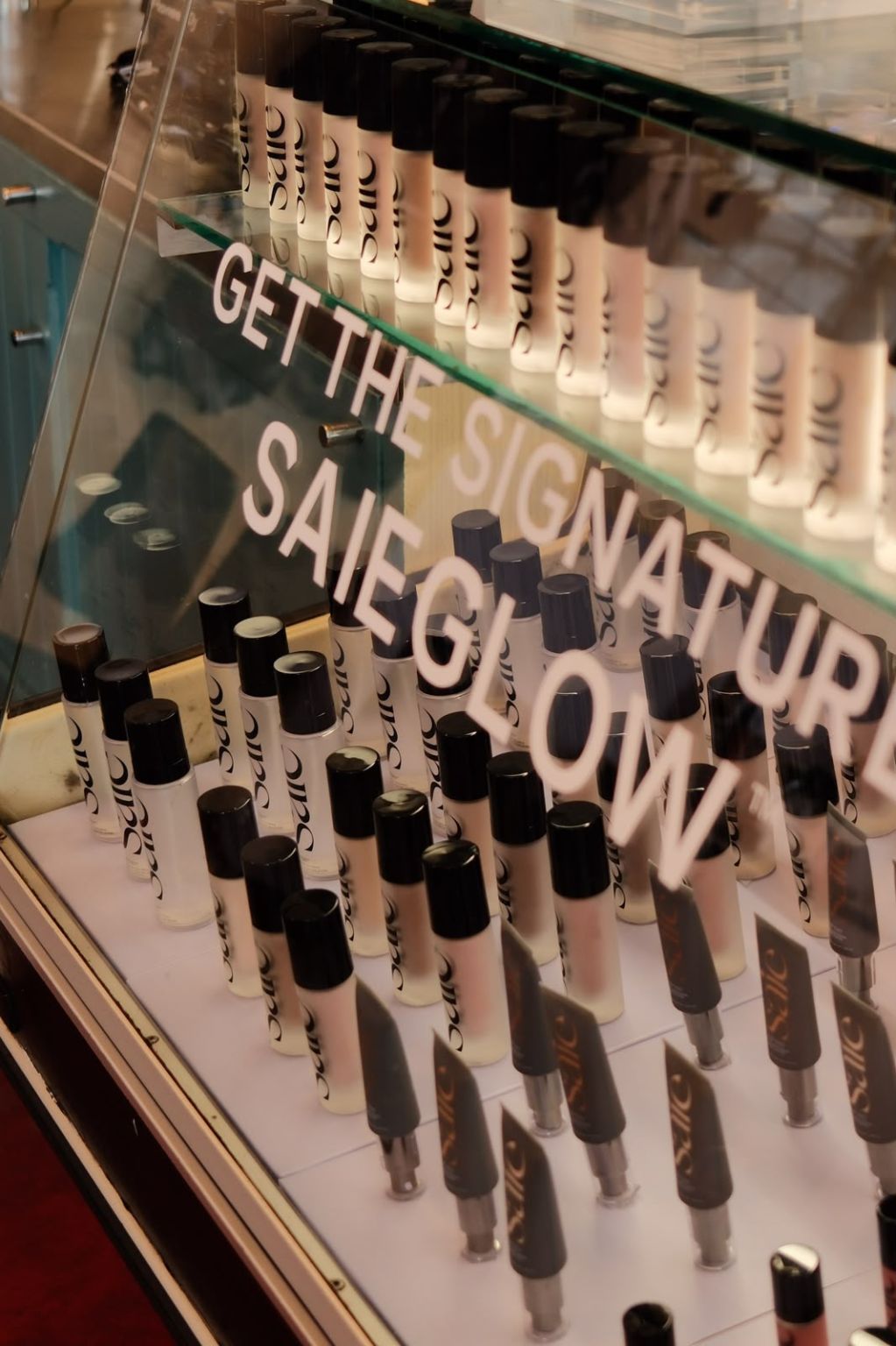 Saie makeup products displayed inside the Chip Shop pop-up