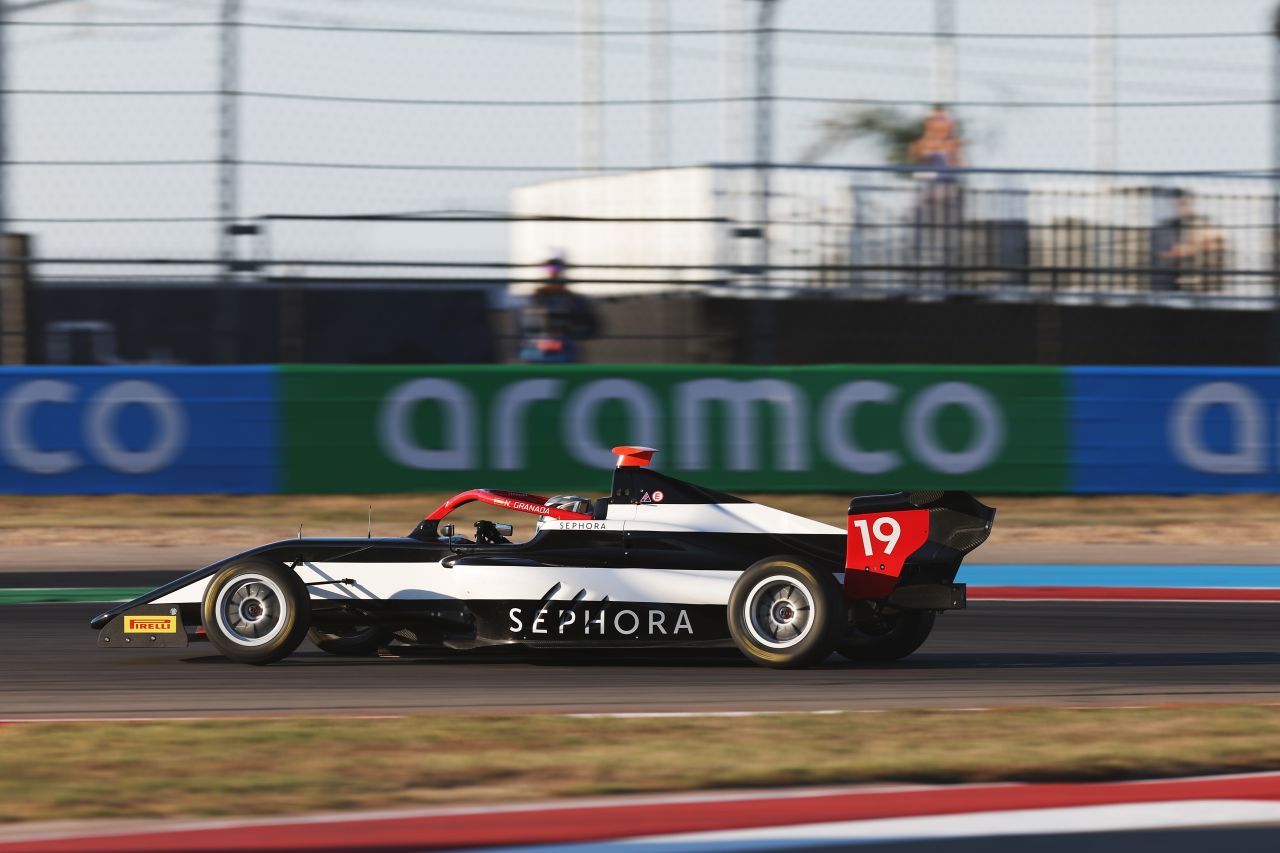 Sephora-branded F1 Academy car on the Austin circuit