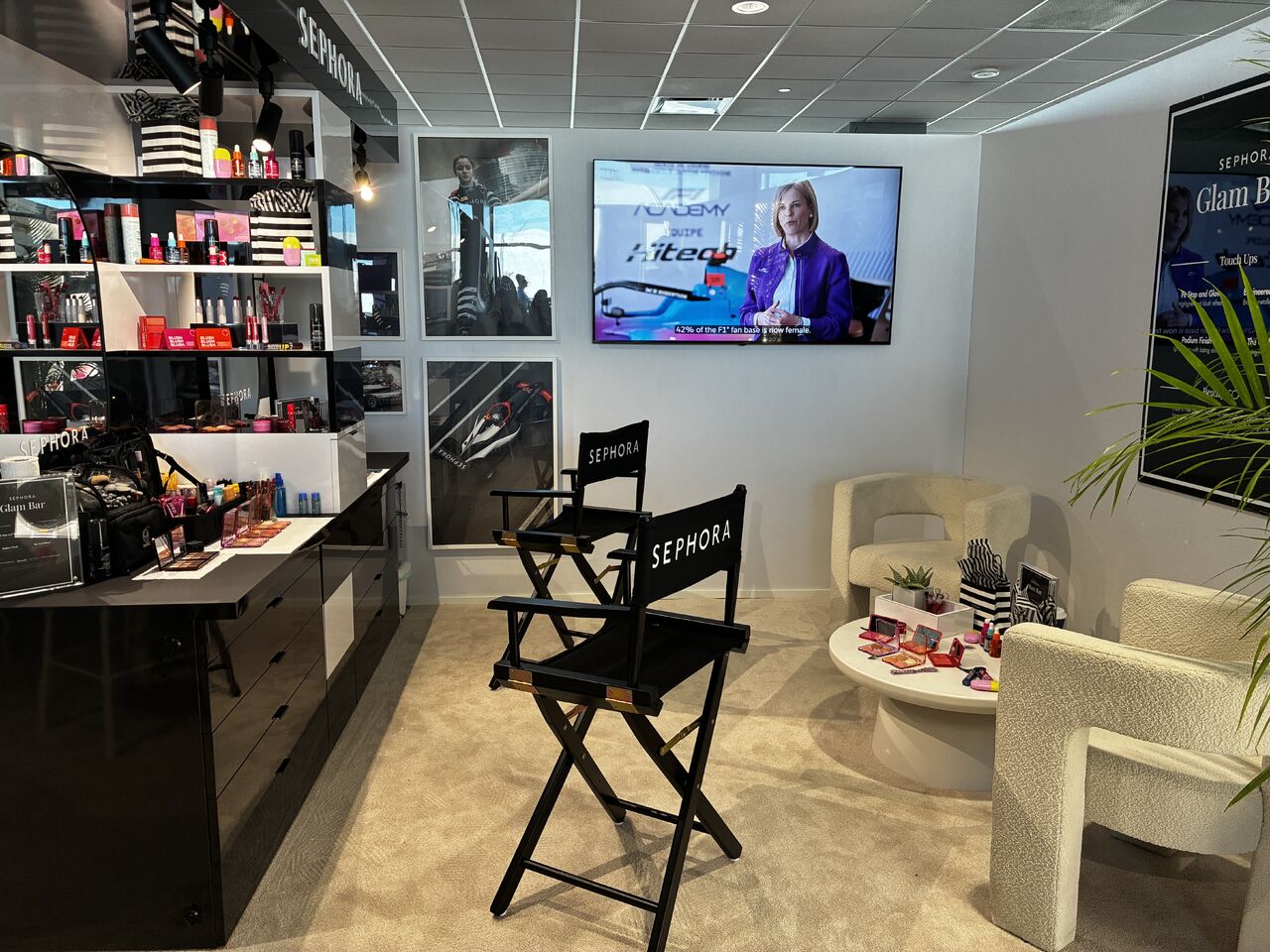 Sephora beauty station with makeup products and a mirror