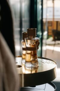 Fragrance bottles displayed in Shiseido's Cannes exhibition space
