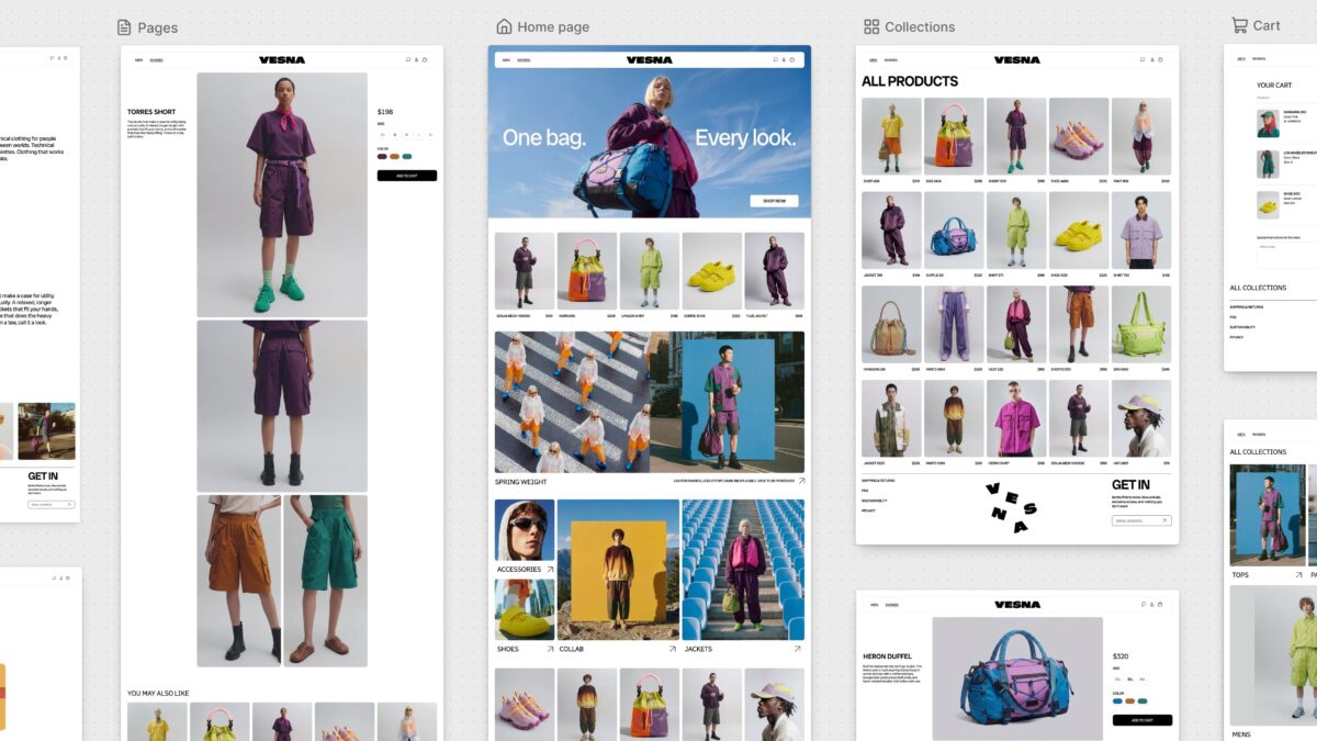 Shopify Canvas visual workspace showing multiple storefront pages