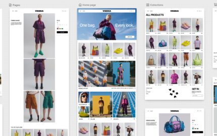 Shopify Canvas visual workspace showing multiple storefront pages