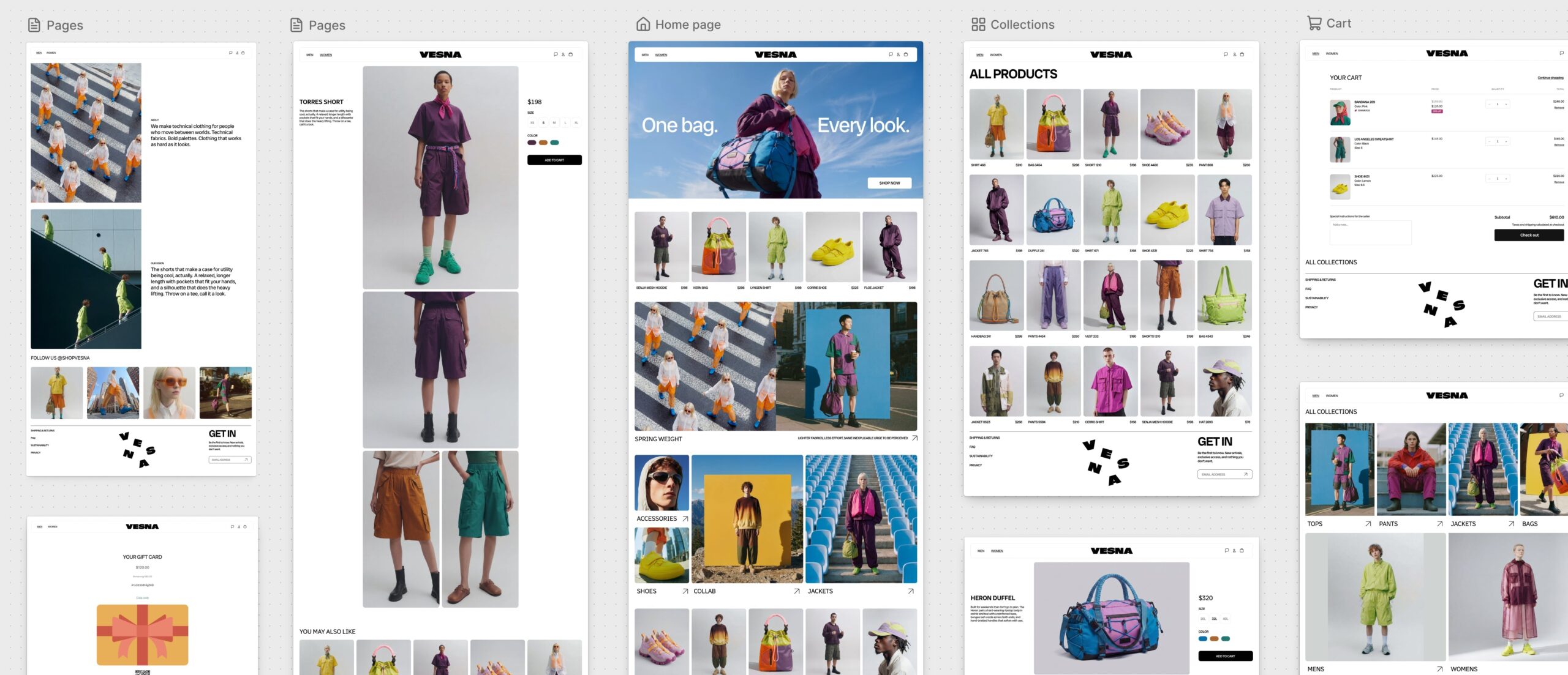 Shopify Canvas visual workspace showing multiple storefront pages
