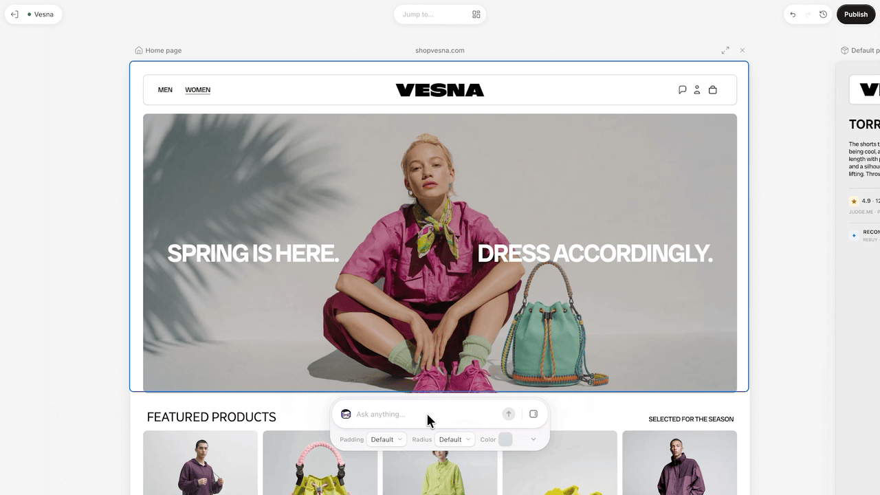 Official demo of Sidekick changing a storefront design in Shopify Canvas
