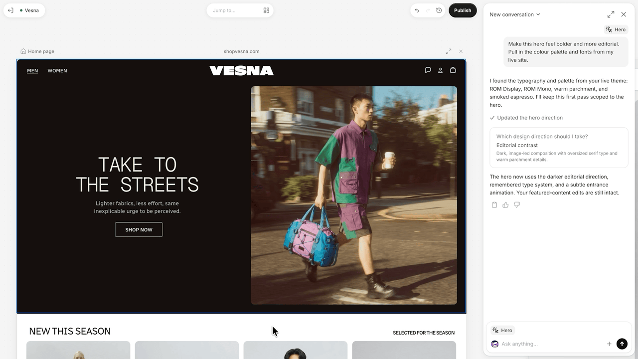 Official demo of Sidekick updating store theme code in Shopify Canvas
