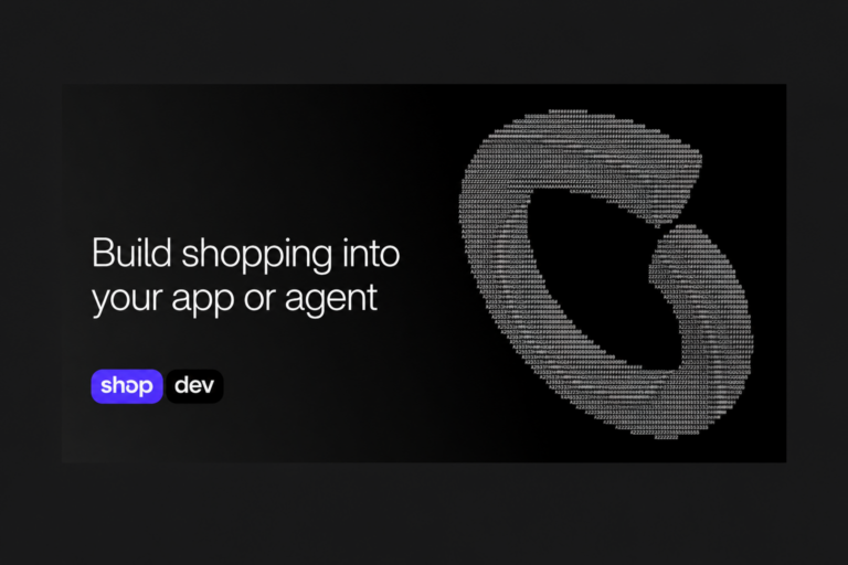 Build shopping into your app or agent graphic from shop.dev, with Shop and dev logos