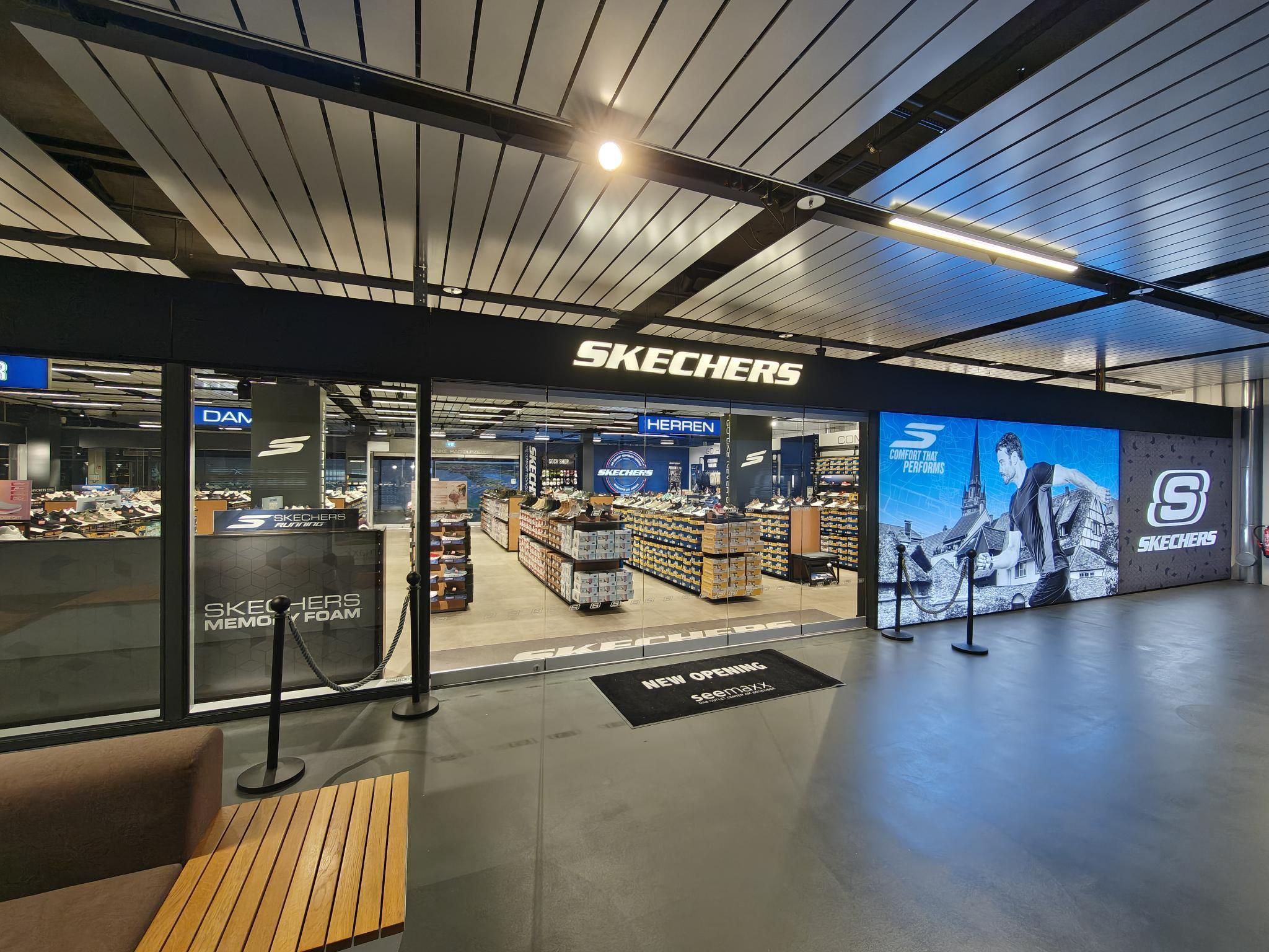 Entrance and footwear displays at the Seemaxx Skechers store