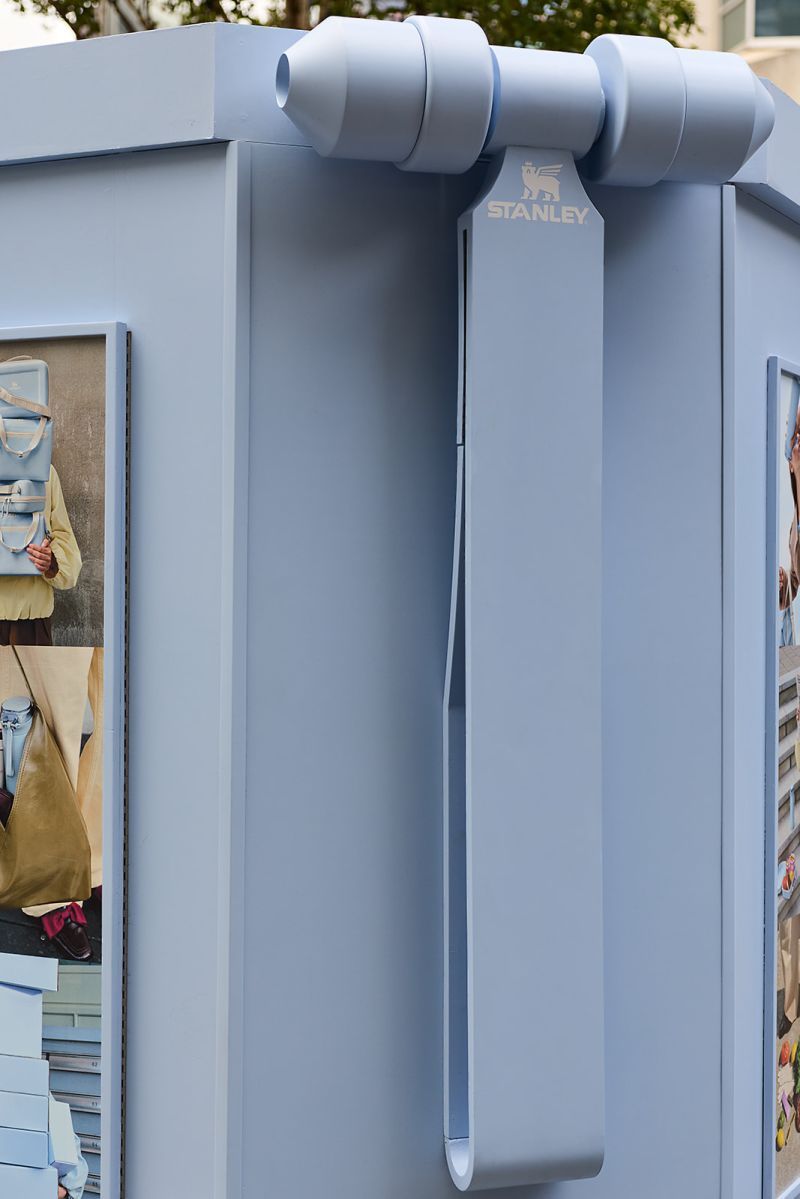 Close view of the oversized FlowState Spring bottle structure at the London pop-up