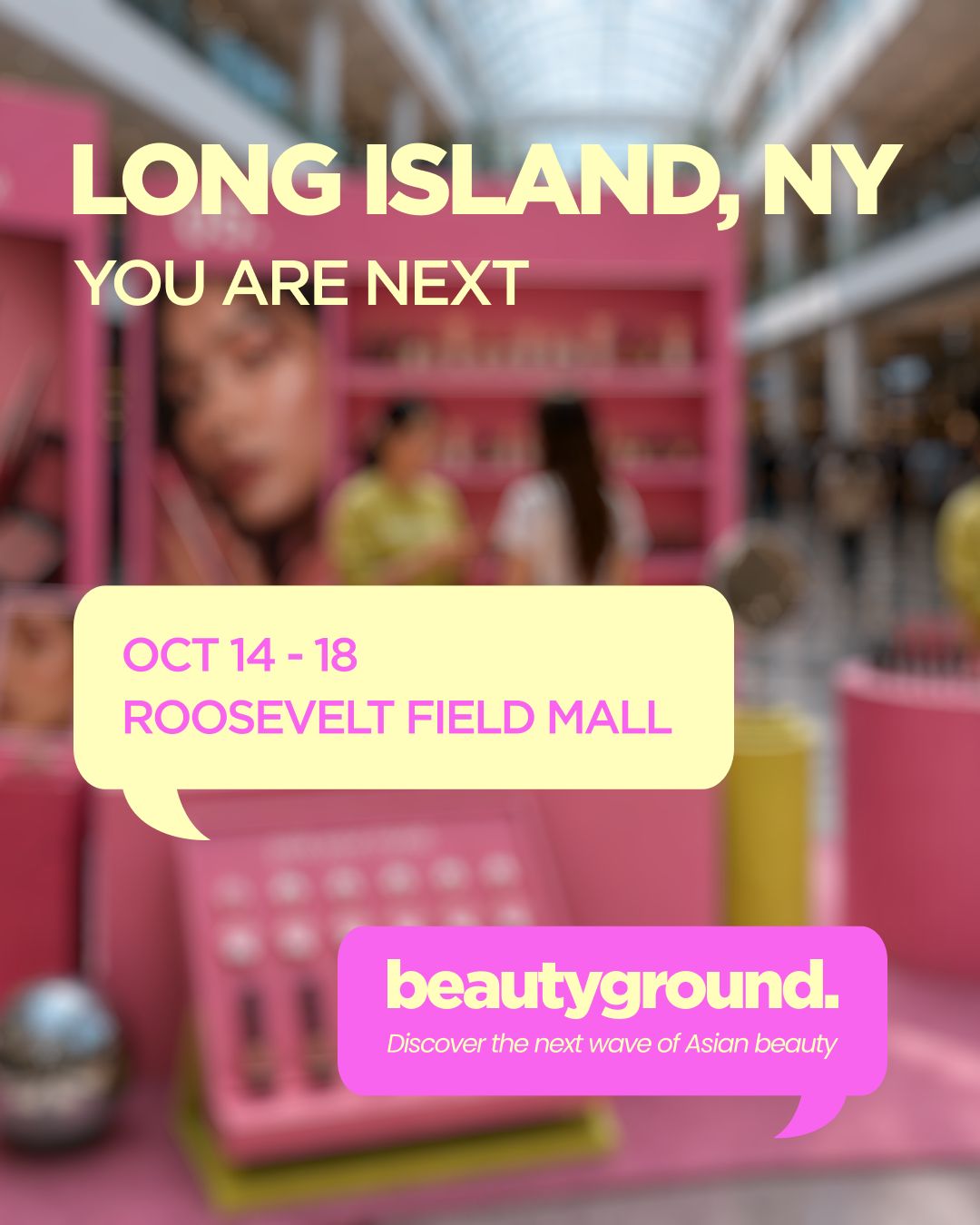 SUKOSHI Beautyground promotional card announcing October 14–18 at Roosevelt Field in Long Island