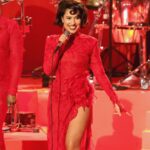 RAYE wearing a red Rowen Rose look embellished with Swarovski crystals (1 of 3)
