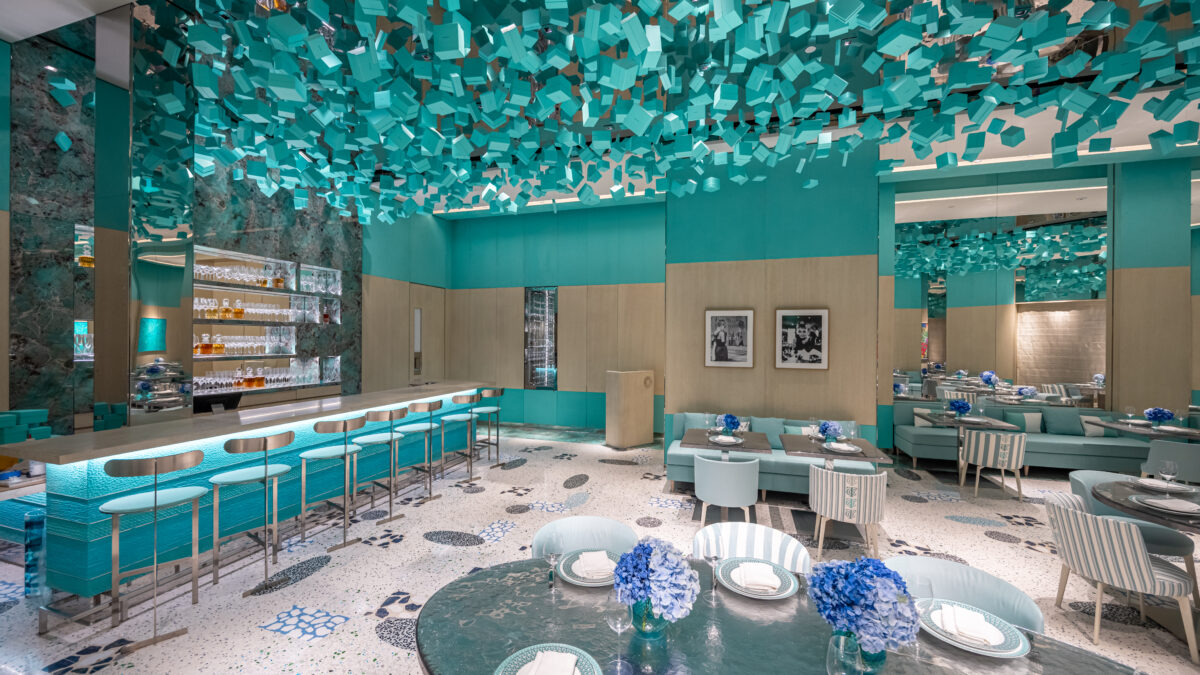 Interior of Blue Box Café at Tiffany & Co. South Coast Plaza with Tiffany Blue accents and a glass installation