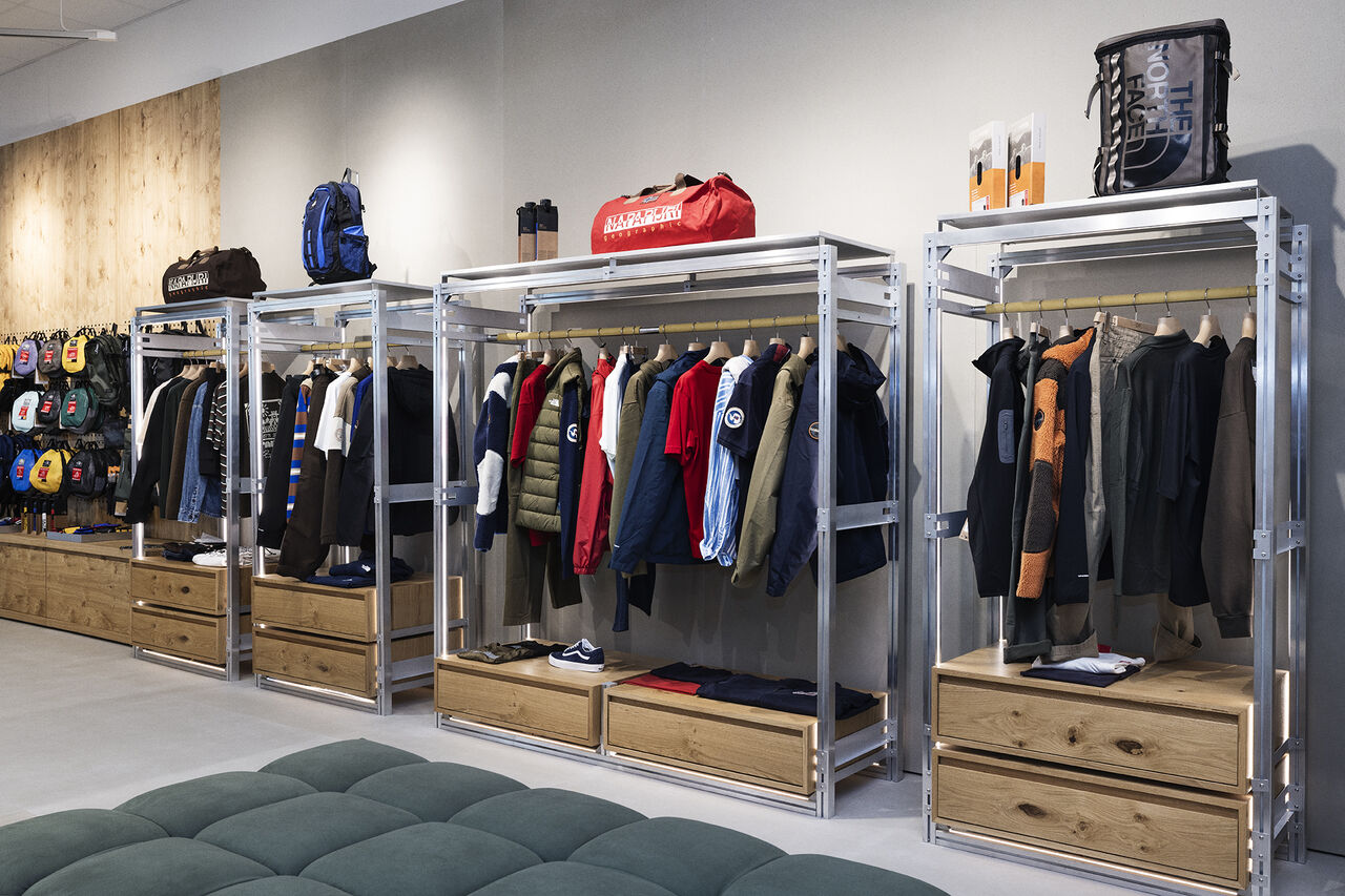 Interior merchandise display at VF's O11 airport store