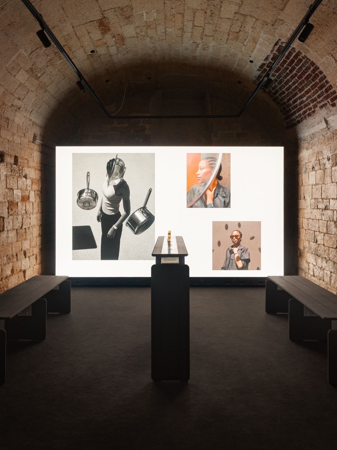 WHOOP Meridian campaign images displayed inside a vaulted Paris event room
