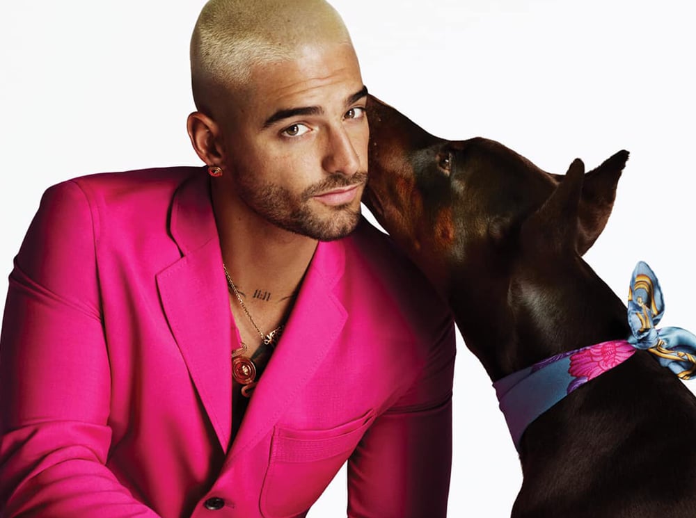Man in a bright pink suit beside a dog wearing a patterned scarf